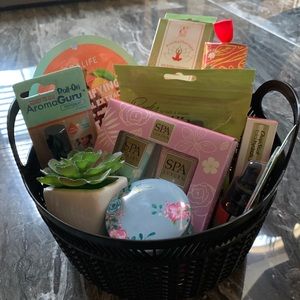 ‘Happy’ gift basket. Includes spa-life mask,  candle, succulent, oils, lotion,